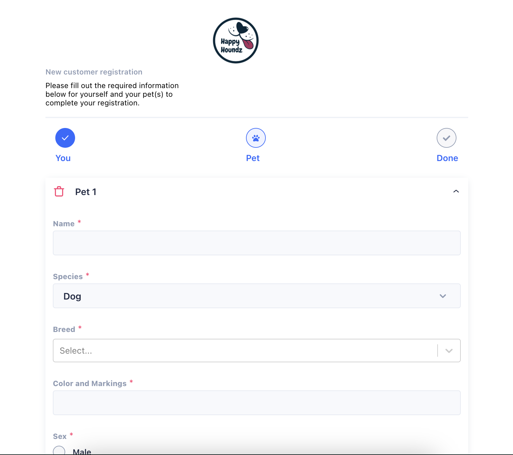 GingrApp Happy Houndz signup sheet for pets.